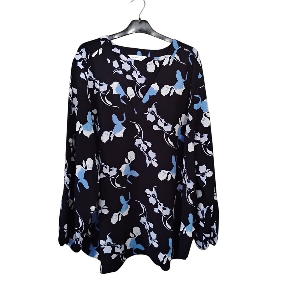 Nine West Floral V-Neck Blouse Black Blue White Long Sleeve Plus Size 3X